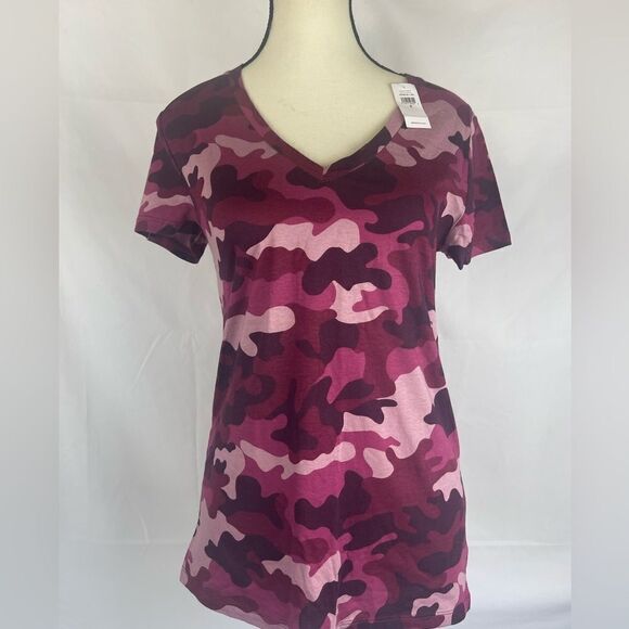 Gap NWT pink & burgundy camo t-shirt vneck shirt sleeves sz S cotton blend - Picture 2 of 7